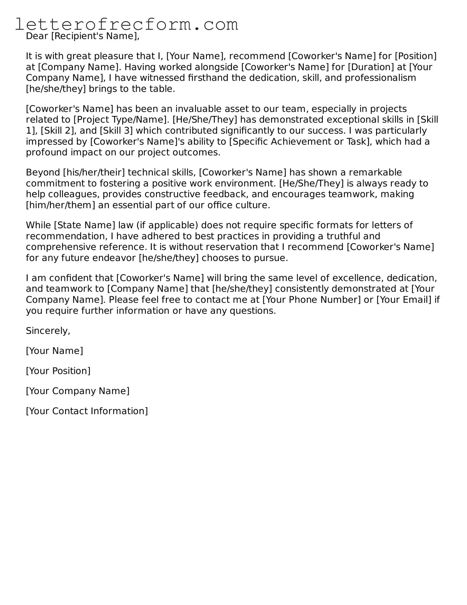 Free Letter of Recommendation for Coworker Form