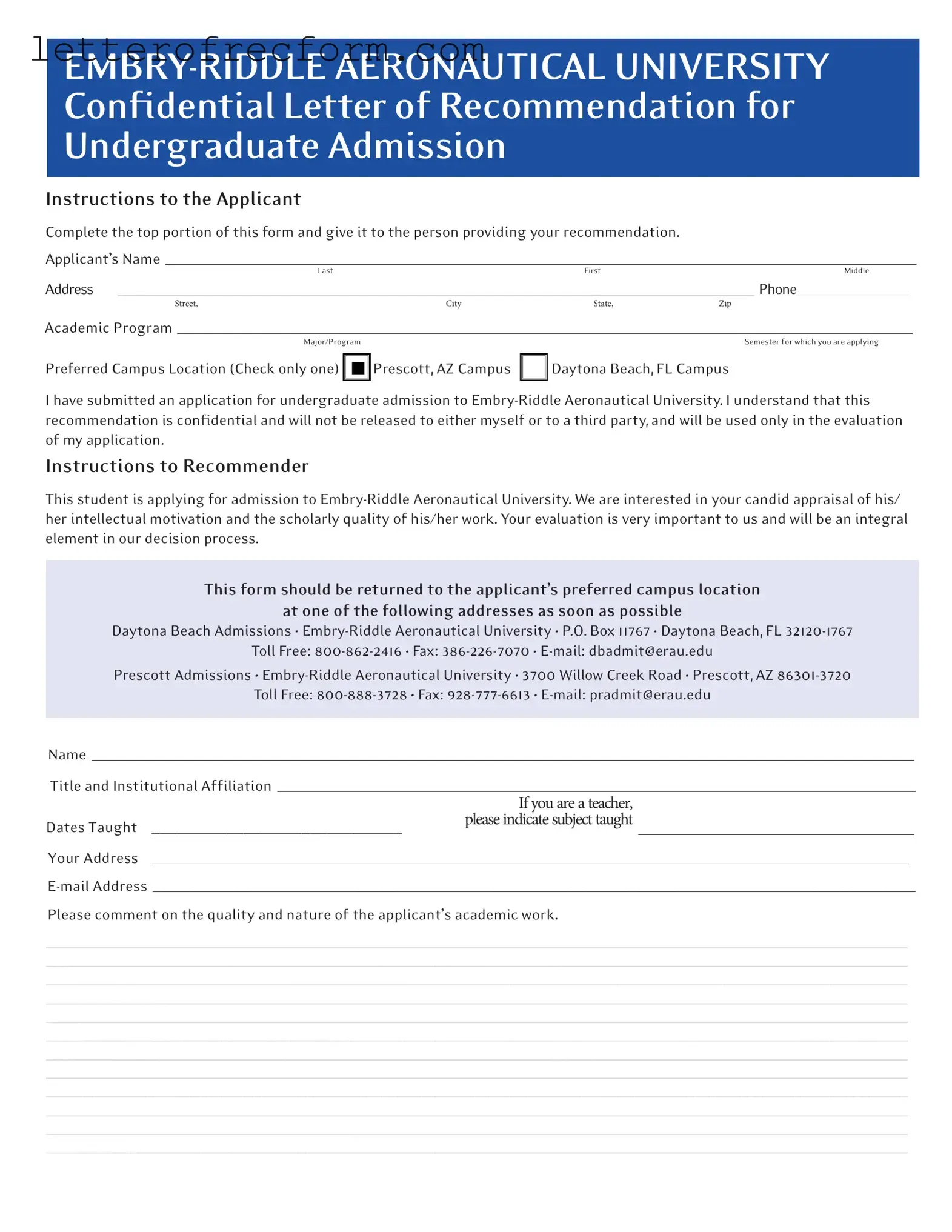 Embry Riddle Letter Recommendation Template