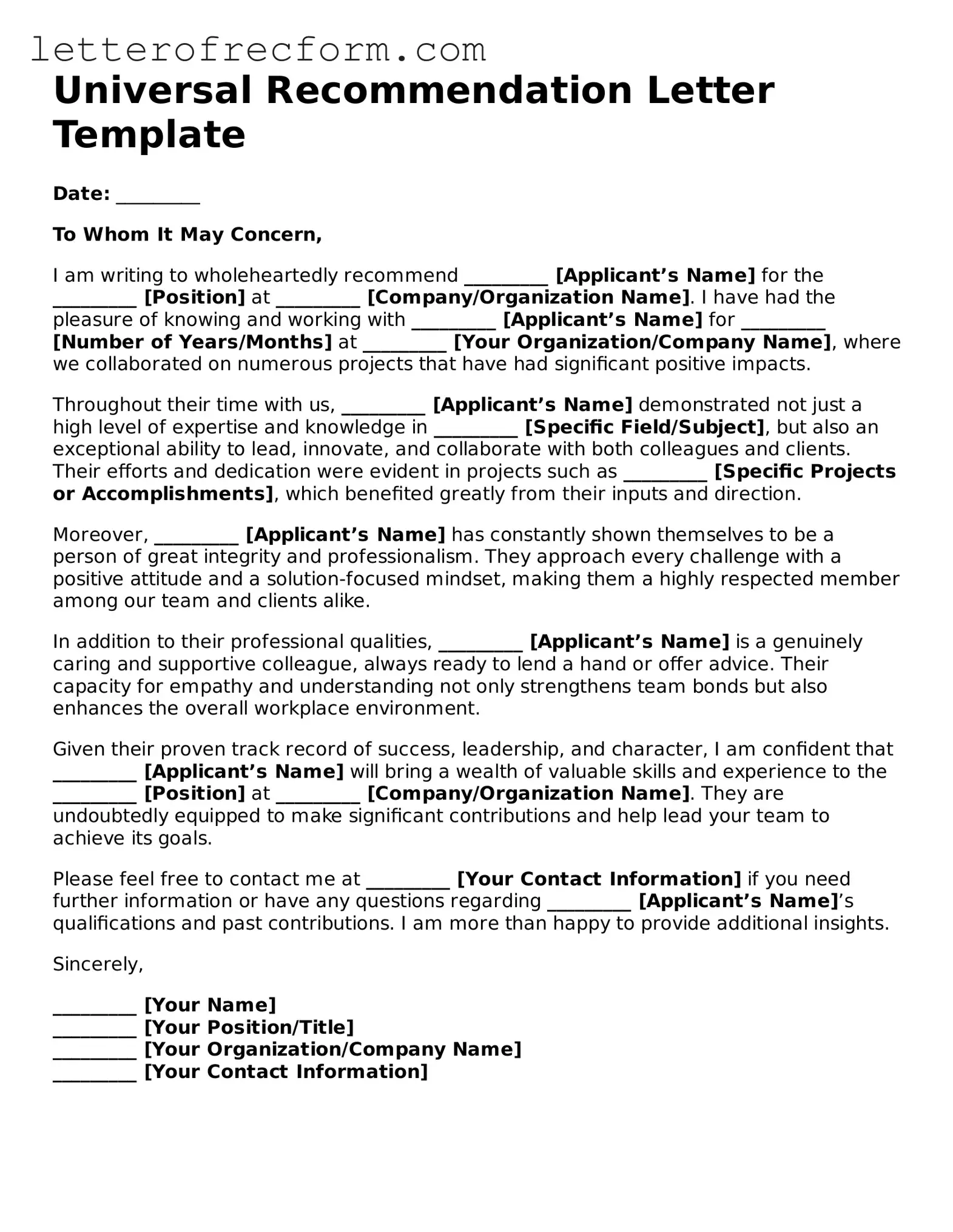 Free Recommendation Letter Form