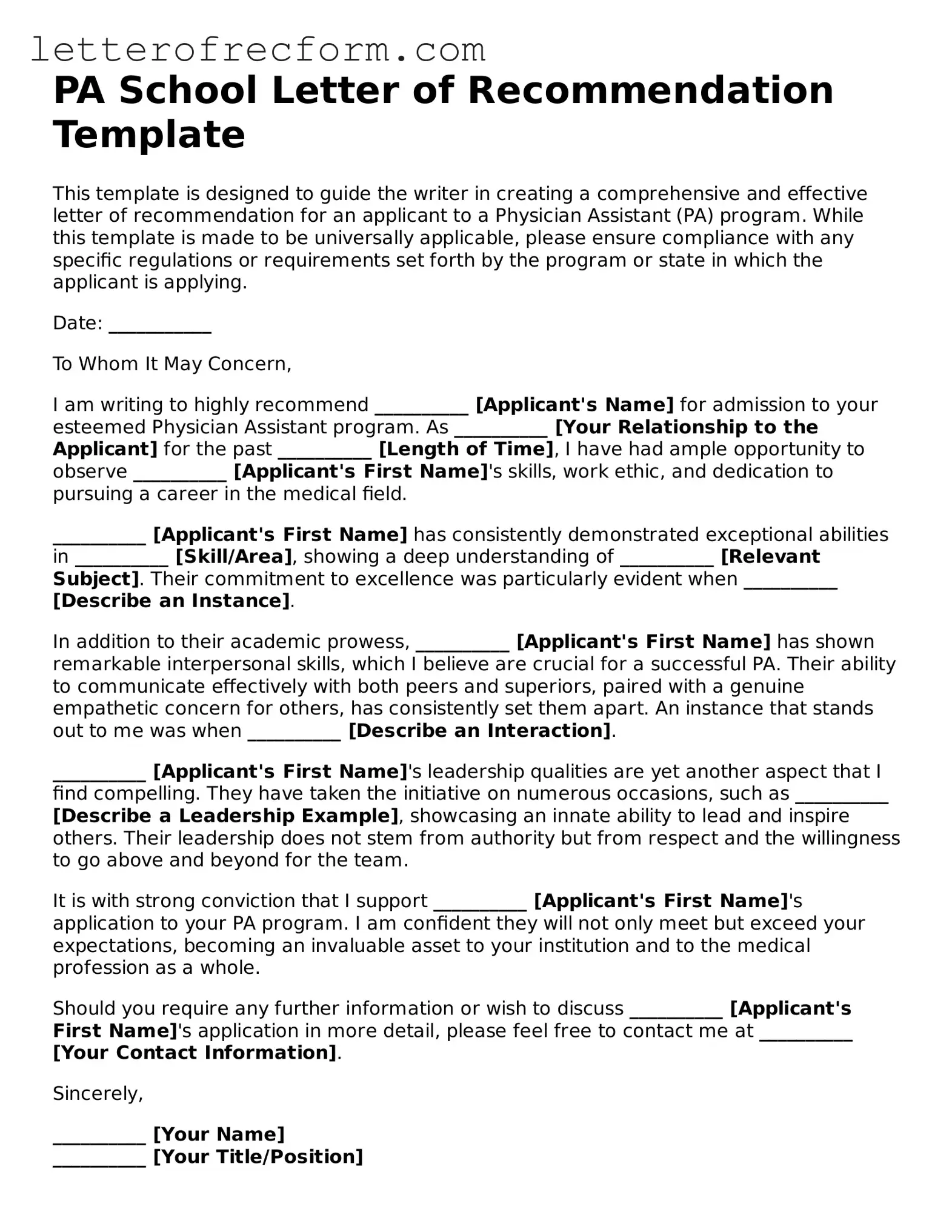Free PA School Letter of Recommendation Form