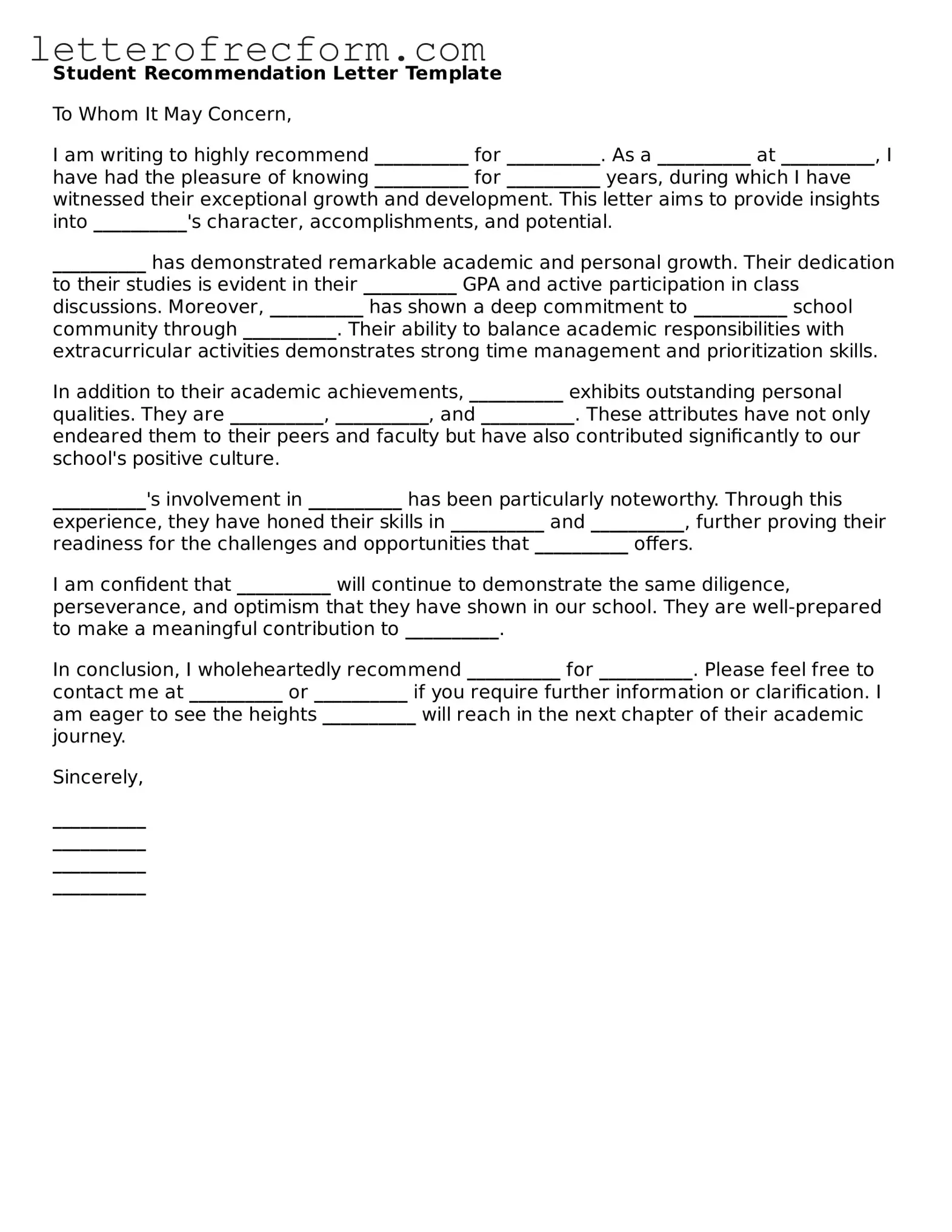 Free Student Recommendation Letter Form